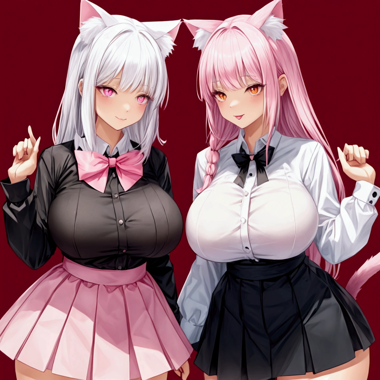 (cute eyes:1.3), highest quality,wonderful,finely,extremely detailed CG Unity 8K wallpaper, (2 Girls), (white hair, pink eyes, short hair, straight hair, nekomimi), (skinny body:1.3),(medium breasts), (cum on nipple:1.2), (open mouth:1.1), (embarrassed:1.1),(zettai ryouiki:1.3), (from above:1.2)