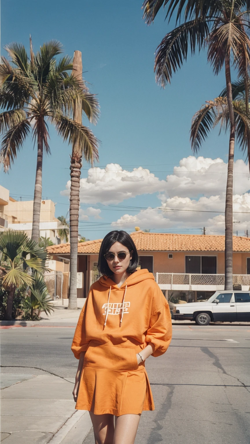 long shot portrait of cute 23 yo girl ,wear ((orange color oversized_hoodie)), wear ((purple tennis skirt)),looking front,Best Quality,Masterpiece,Ultra High Resolution,(Realisticity:1.4),Original Photo, 1Girl, light leak,ultra high resolution,UHD,beautiful, (black bob hair), almond eye, no makeup, in front of (80's mondrian architecture motel), (realistic:1.2), (surreal:1.3), (very detailed:1.1), ((masterpiece)),summer, blue sky, palm trees,sunny, los angles vibes,film camera, 800mm lens,style of Philip Lorca diCorcia
