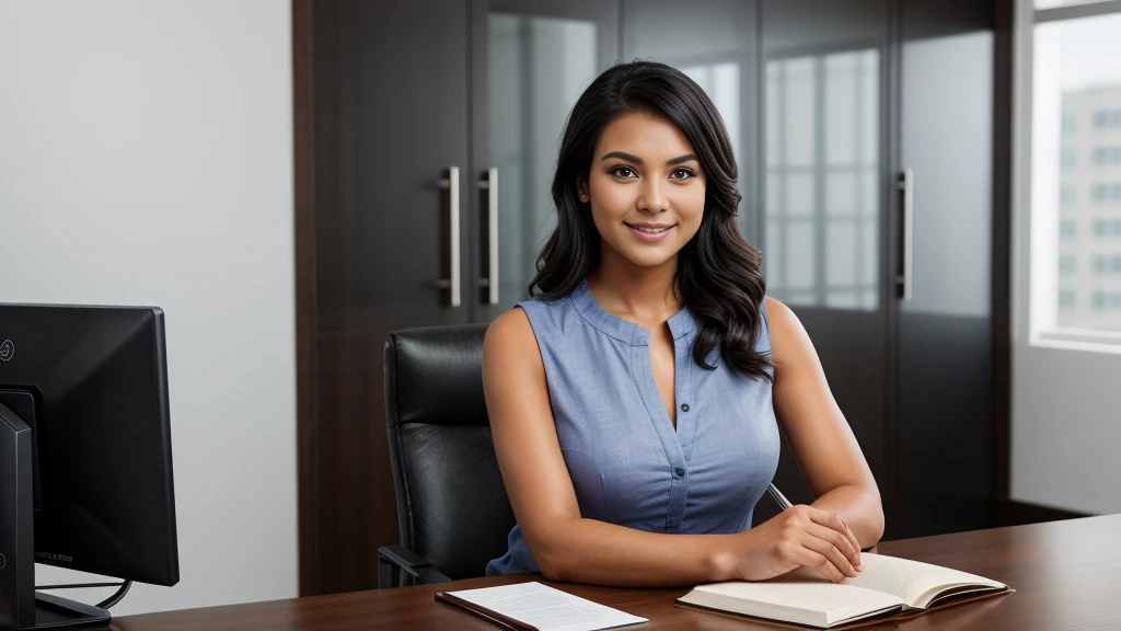 raia, a beautiful girl in a professional office setting, black hair, looking at viewer, elegant red business attire, gentle expression, full smile, professional and efficient, office supplies, warm lighting, photorealistic, highly detailed, cinematic composition, dramatic lighting, color grading, Rembrandt lighting
