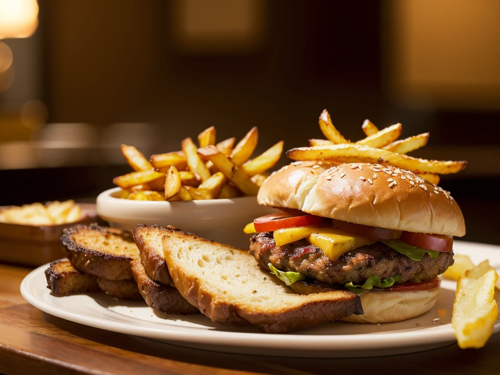 realistic photorealistic food, delicious juicy burger, crispy french fries, freshly baked bread, vibrant colors, warm lighting, detailed textures, mouthwatering presentation, appetizing steam, gourmet restaurant quality, professional food photography, depth of field, reflections, 8k, high resolution, cinematic composition, dramatic shadows
