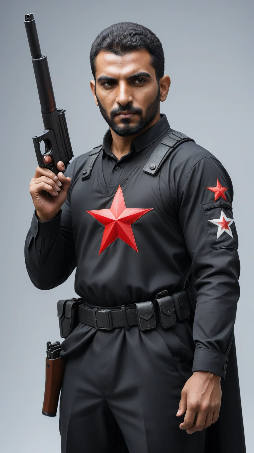 Araaf man in black holds a gun and a red star., It&#39;s still a bad cyborg movie., Johnny Silverhand, Covered entirely with metal armor., Black armor with sharp edges, Wear leather assassin armor., heavy metal armor, Sharp black armor, Movies are still super cool cyborgs., Shiny black armor, Formidable full body armor, wearing black armor