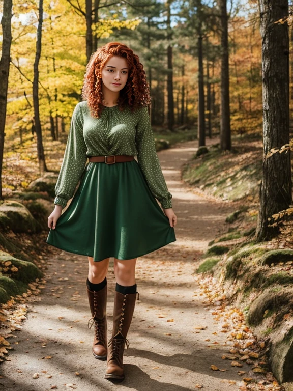 On a mountain trail covered in autumn leaves, there was a 17 year old girl. her red hair, short and extremely curly, glowed in the soft light of the autumn sun. Her slim body was wrapped in a short, antique green dress with a mosaic design that highlighted her figure and showed off her legs., adorned with boots and short socks. His face, of slavic features, He was dotted with freckles that accentuated his beauty. He walked with grace and determination, her two hands holding the skirts of the dress so as not to trip on the uneven path. Around it, autumn trees painted the landscape with warm tones, creating a perfect contrast with the freshness of your appearance