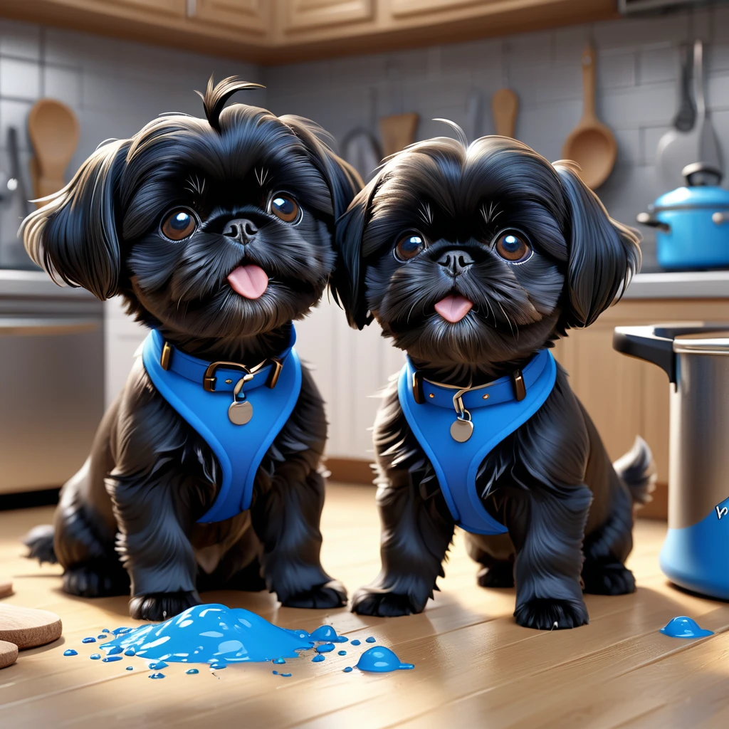 2 adorable small black shih tzu puppies wearing red collars,disney kitchen,3d cartoon,3d render,disney pixar style,refrigerator making food mess,extremely detailed,masterpiece,photorealistic,vibrant colors,warm lighting,cute,adorable,playful,mischievous