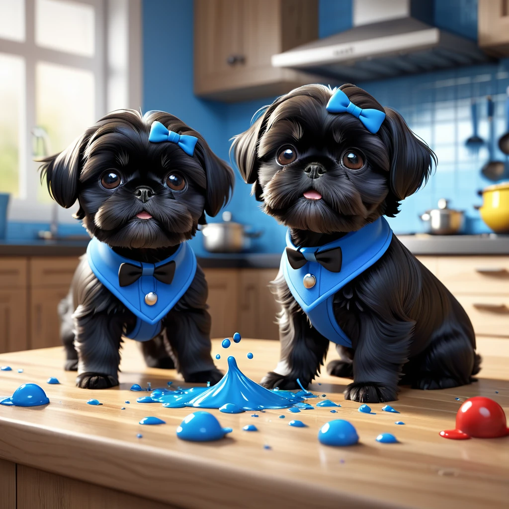 2 adorable small black shih tzu puppies wearing red collars,disney kitchen,3d cartoon,3d render,disney pixar style,refrigerator making food mess,extremely detailed,masterpiece,photorealistic,vibrant colors,warm lighting,cute,adorable,playful,mischievous