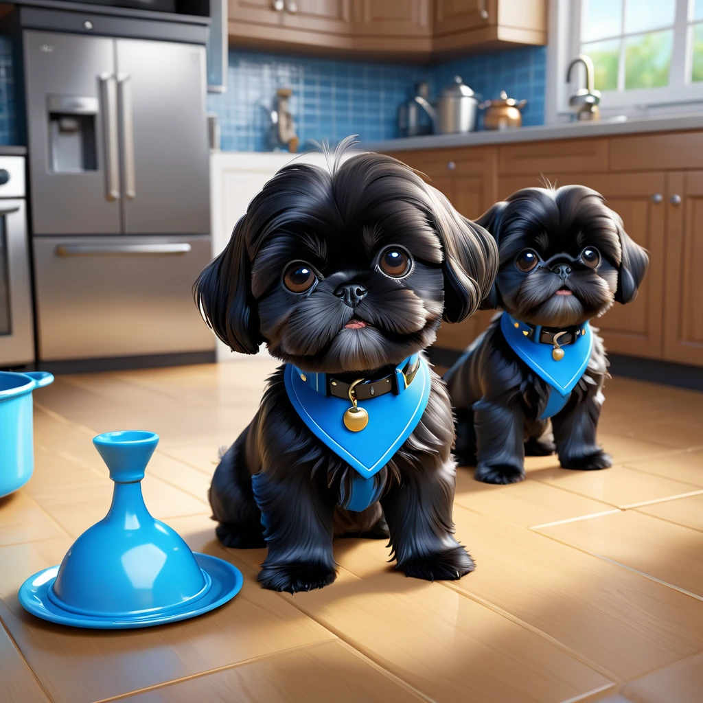 2 adorable small black shih tzu puppies wearing red collars,disney kitchen,3d cartoon,3d render,disney pixar style,refrigerator making food mess,extremely detailed,masterpiece,photorealistic,vibrant colors,warm lighting,cute,adorable,playful,mischievous