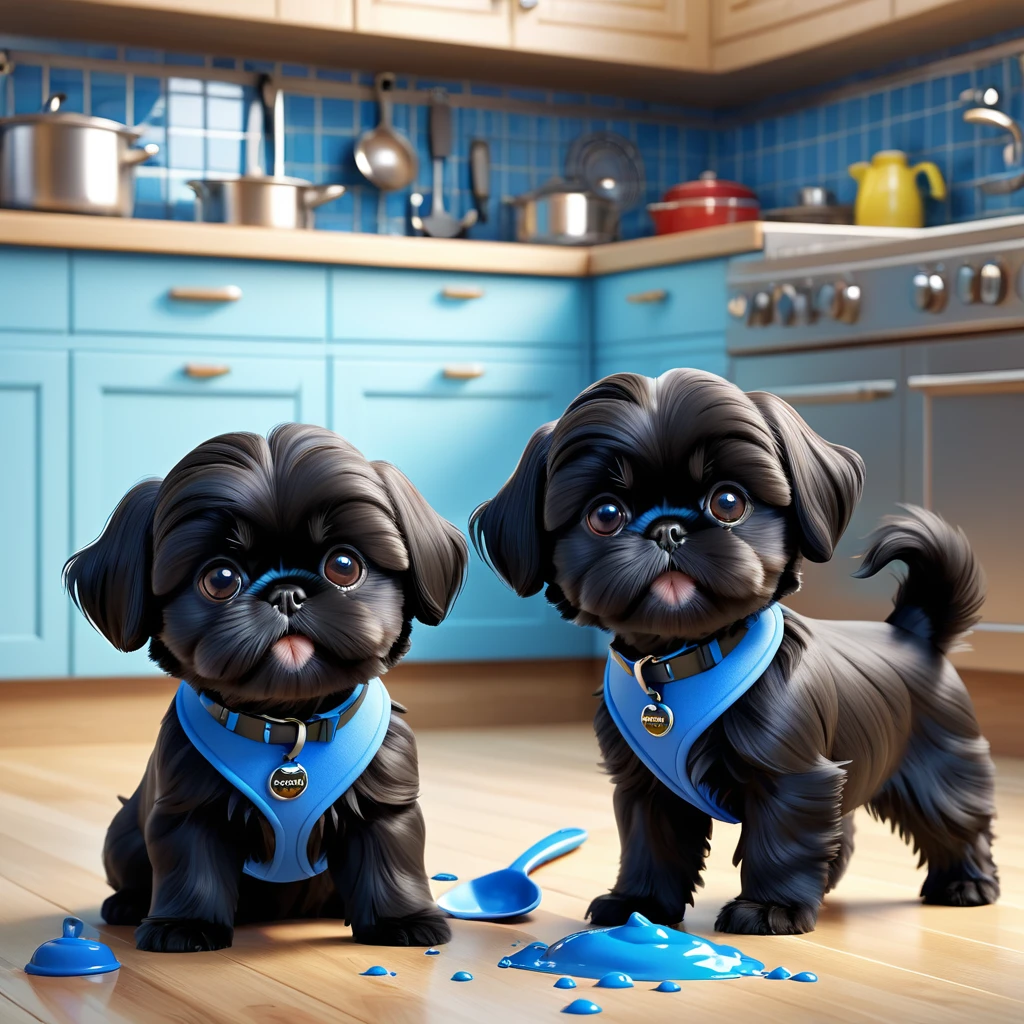 2 adorable small black shih tzu puppies wearing red collars,disney kitchen,3d cartoon,3d render,disney pixar style,refrigerator making food mess,extremely detailed,masterpiece,photorealistic,vibrant colors,warm lighting,cute,adorable,playful,mischievous