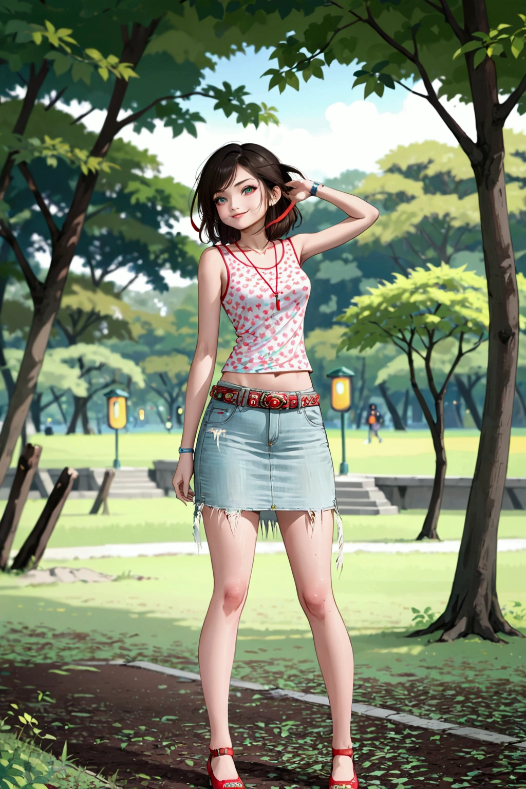 anime illustration of beauty young woman, she standing and looking at viewer at park, {she wears white-red sleeveless t-shirt with red necklace and ligth-blue denim pencil mini skirt with belt, vivid colors, anime style, (1girl, solo, full body), (masterpiece, best quality),