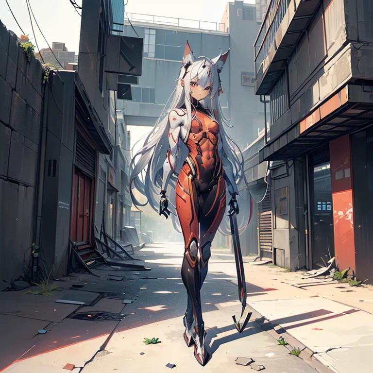 (Fox Girl, Fox Ears, Silver Hair, Fox Makeup, One Girl, Long Hair, Alone on the screen, dark skin, High definition:1.6), (mecha musume, Machinery Parts,Robot Joints, White and red clothes, Full body mechanical suit:1.8), (Body measurements are 75-60-75!, Young girl body, Small breasts, Proudly, Standing posture, slender, muscle:1.9), Avatar, face, 色っぽいface, Dominant representation, naughty face, Uplifting, Skin Texture, outside, ruins, Ruined City, Broken Building, There are no people