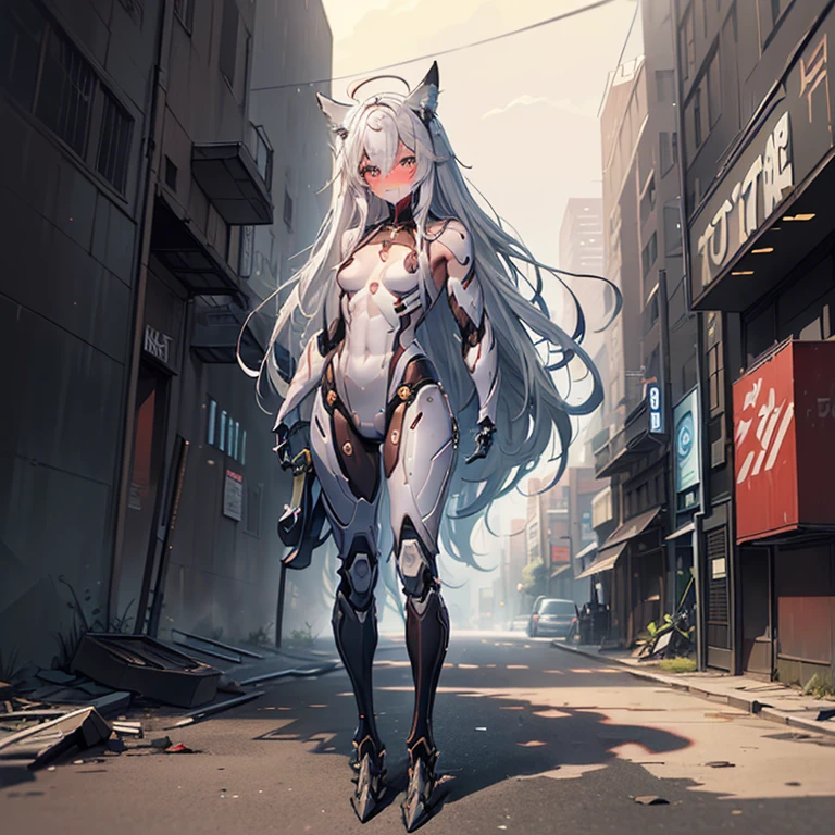 (Fox Girl, Fox Ears, Silver Hair, Fox Makeup, One Girl, Long Hair, Alone on the screen, dark skin, High definition:1.6), (mecha musume, Machinery Parts,Robot Joints, White and red clothes, Full body mechanical suit:1.8), (Body measurements are 75-60-75!, Young girl body, Small breasts, Proudly, Standing posture, slender, muscle:1.9), Avatar, face, 色っぽいface, Dominant representation, naughty face, Uplifting, Skin Texture, outside, ruins, Ruined City, Broken Building, There are no people