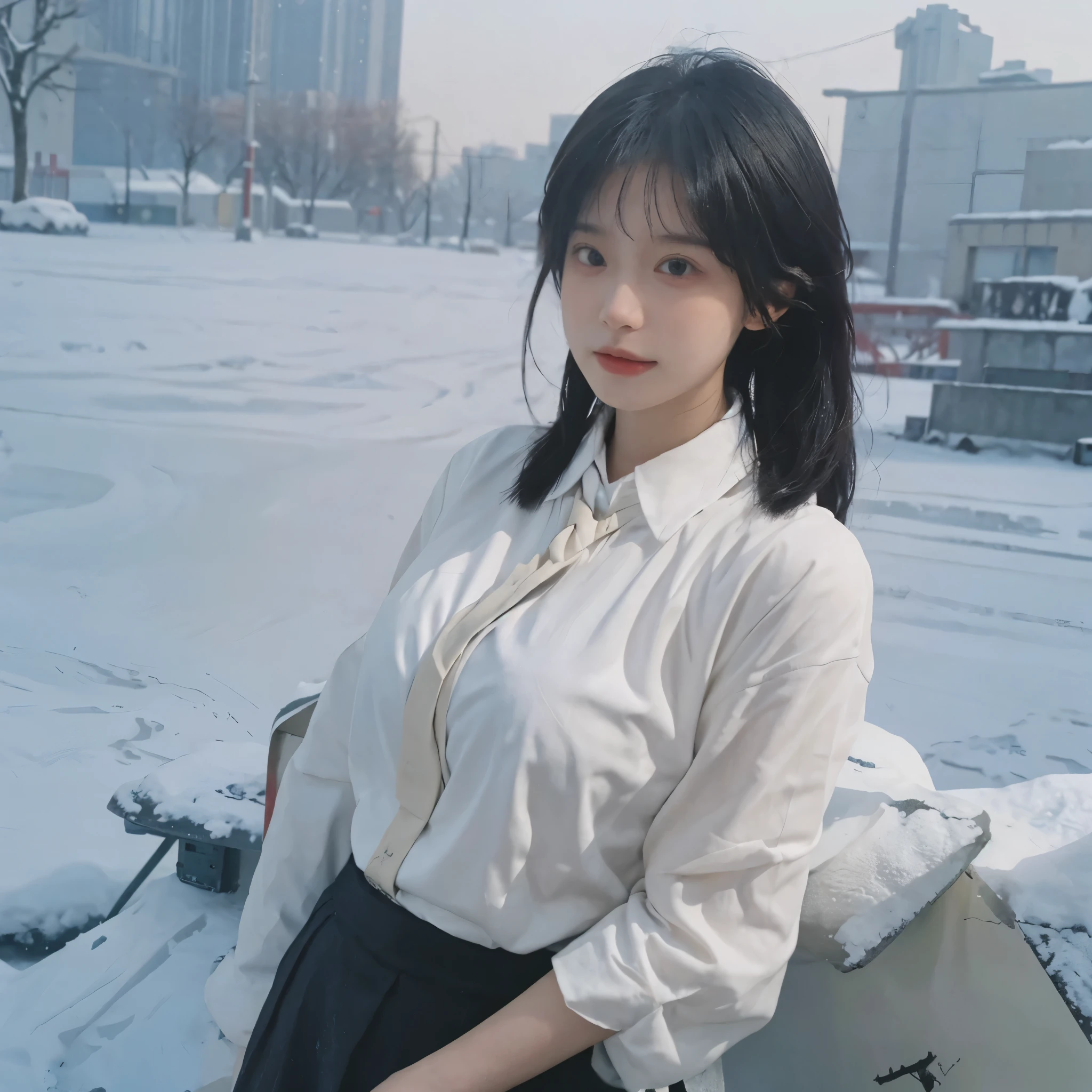 Best quality，masterpiece，Double tail，Ultra-high resolution，snow，16K,Snow background，（Photo Realism：1.4),1 Girl，JK，sexly，（shirt and tie：1.2),（Big breasts：2.3),（Upper body：1.4)