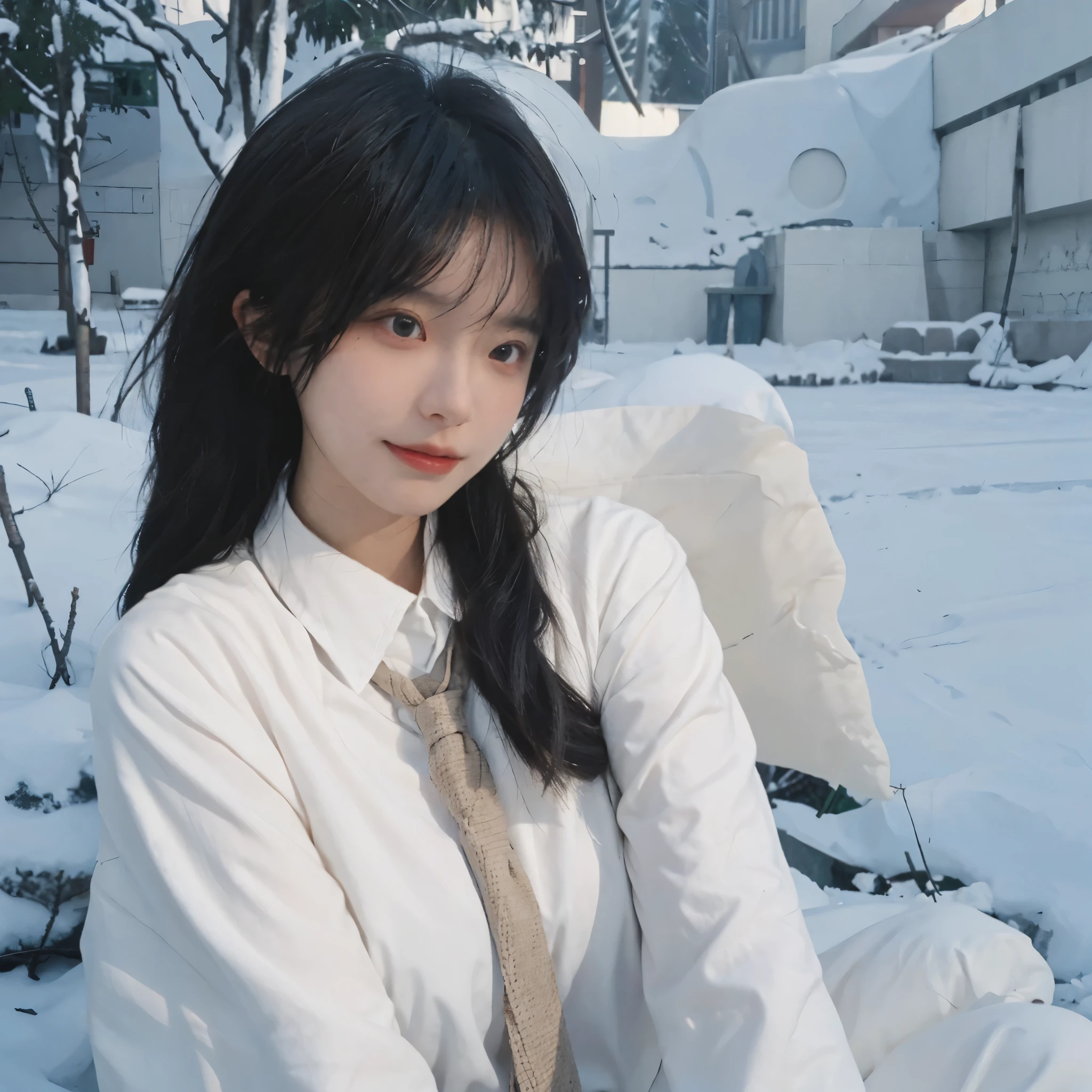 Best quality，masterpiece，Double tail，Ultra-high resolution，snow，16K,Snow background，（Photo Realism：1.4),1 Girl，JK，sexly，（shirt and tie：1.2),（Big breasts：2.3),（Upper body：1.4)