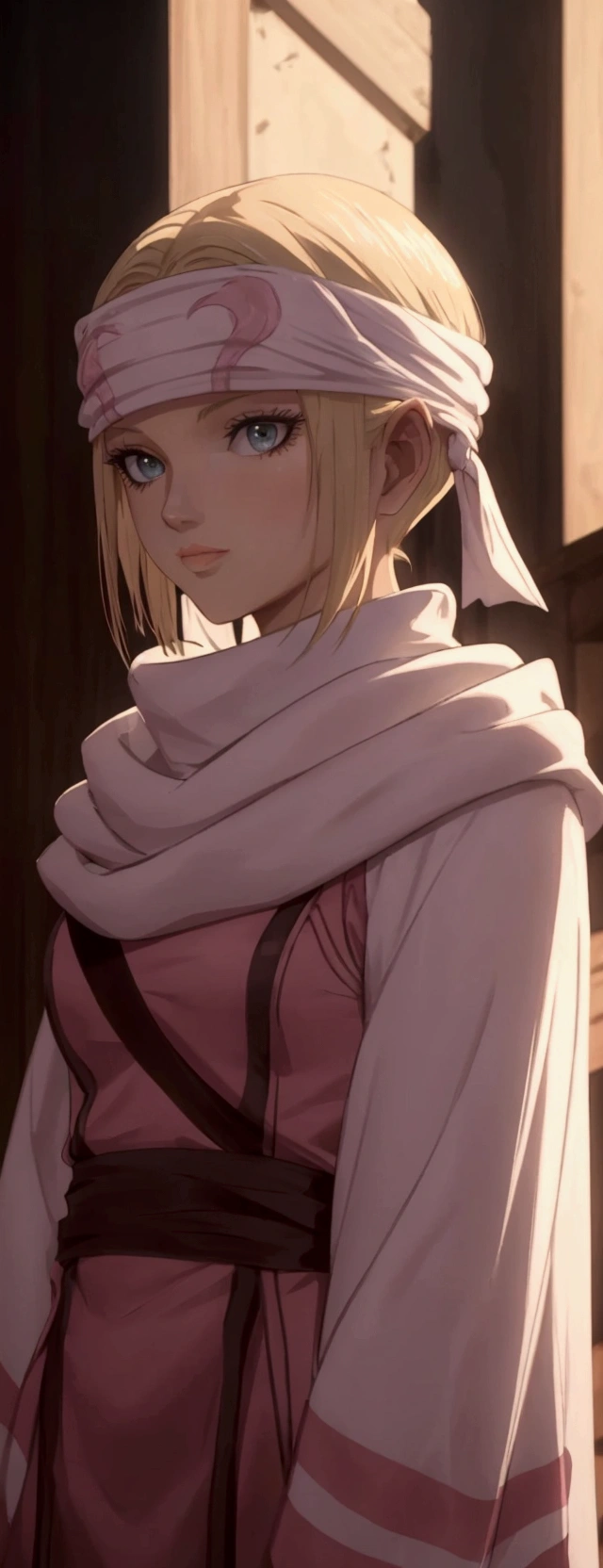 masterpiece), best quality, high resolution blonde 1girl bob cut medium hair standing alone cowl headband profile image looking at viewer beautiful eyes beautiful face extremely detailed pink clothing girly