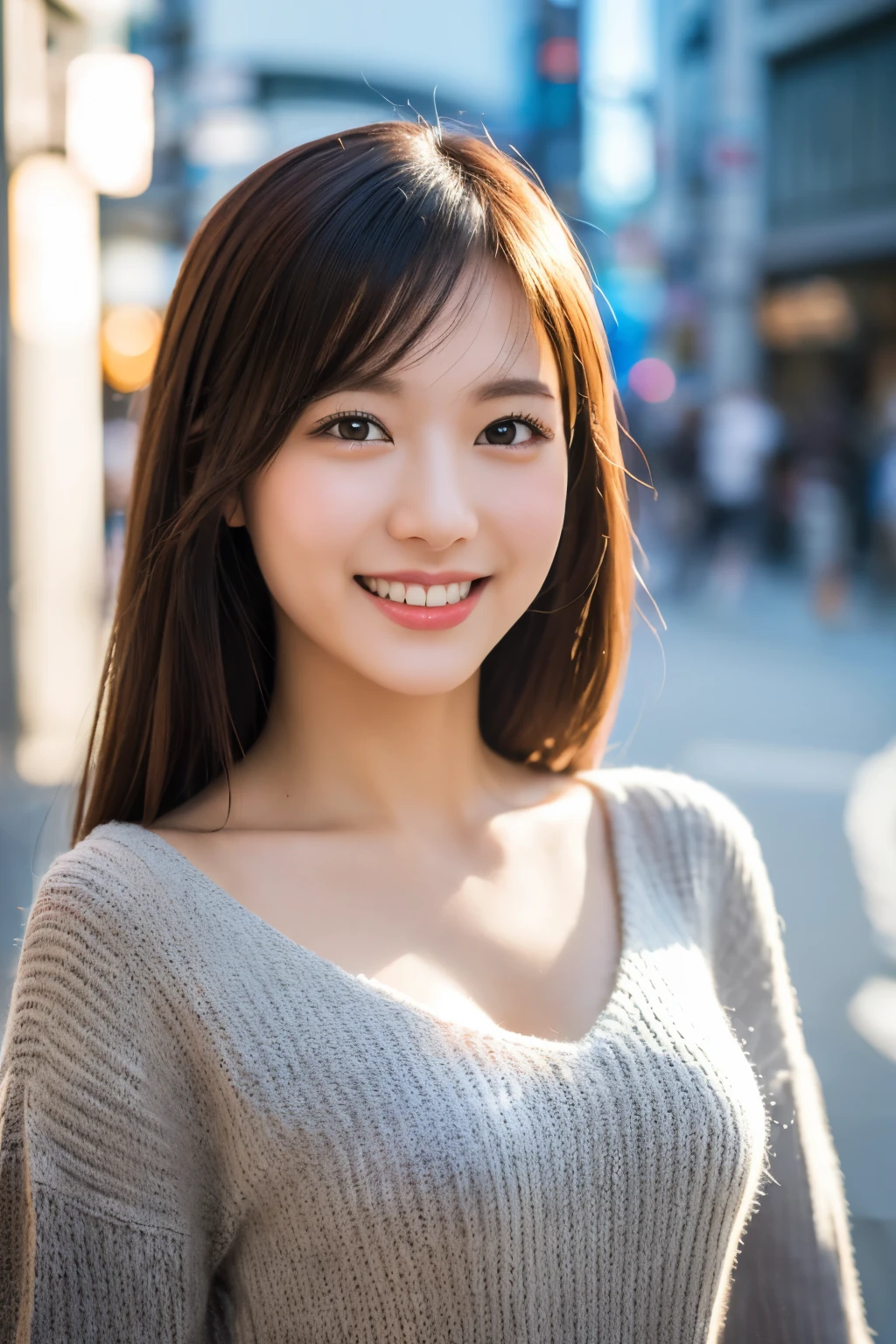 highest quality, masterpiece, ultra high resolution, 8K, born, (photo-realistic:1.4), professional lighting, Low - Angle, 1 girl, (detailed background:1.5), Tokyo Shibuya Street, whole body, thin, dynamic pose, cute, smile, small breasts, fine clothes, knit dress