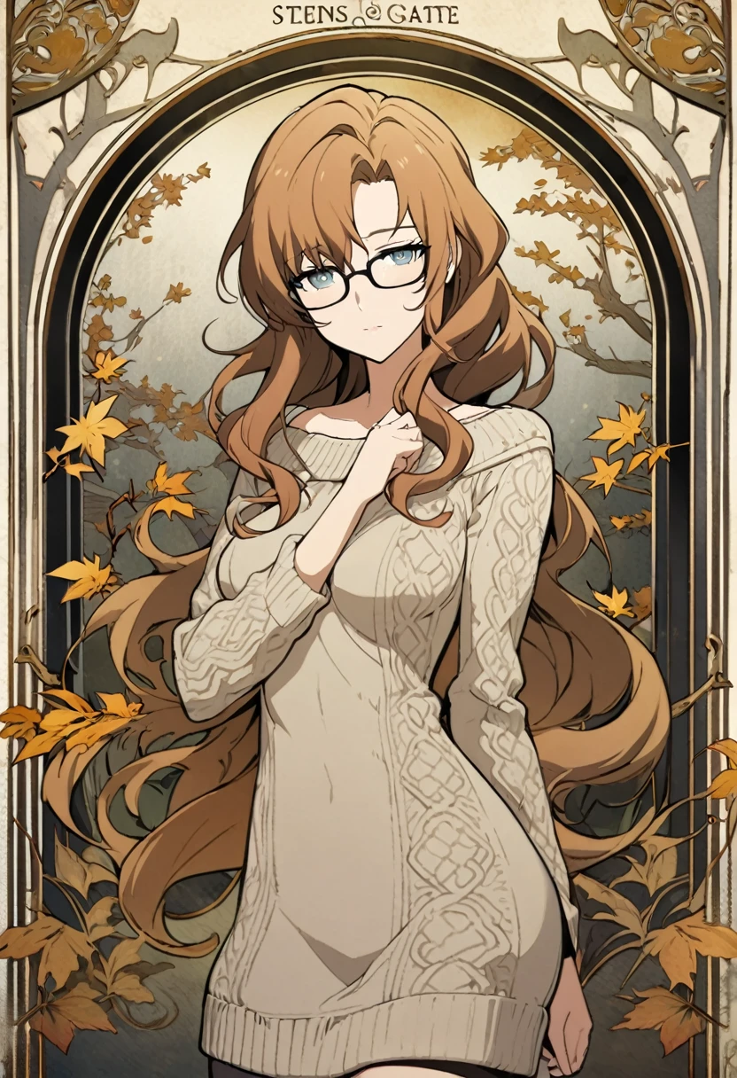 1girl, kiryuu moeka, steins;gate, glasses, art nouveau style, autumn forest, cozy sweater dress, masterpiece, best quality, absurdres, ornate frame, flowing lines, organic shapes, decorative elements, golden leaves, whimsical trees, intricate patterns, muted earthy palette, elegant pose, long flowing hair, misty atmosphere, ethereal lighting, feminine mystique, floral motifs, curving branches,cowboy shot
