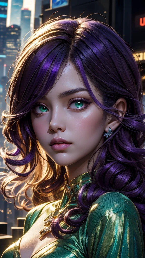 Close-up waist-up portrait of Cinderella reimagined in a cyberpunk setting, (purple hair), (long curly hair), (green eyes), modern dress infused with holographic elements. She exhibits a seductive and charming demeanor, with eyes that hold a mesmerizing look. Her backdrop features a cityscape with skyscrapers, reflecting her new-age fairy tale story. The scene captures her as a temptress with an alluring gaze and attracting looks, masterpiece: 2, best quality, ultra high-res, original, extremely detailed, perfect lighting