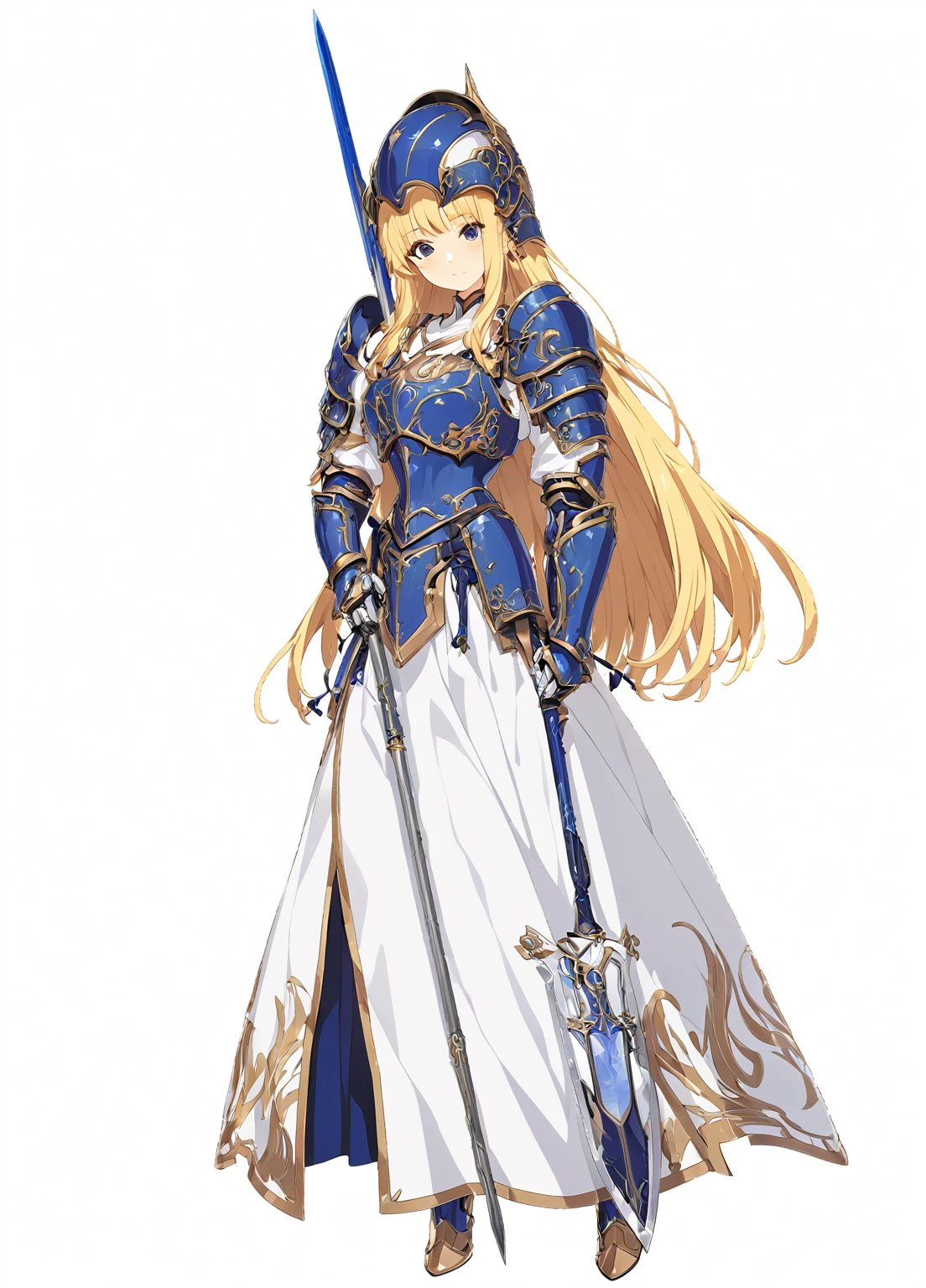 high quality, high resolution, high qualityのゲームアートスタイル, whole body,valkyrie,perfect hand,Official Art, Smooth game CG art, Visual Novel Sprites, White background,Smooth game CG art, (((Woman holding a long spear))),Woman wearing a white dress and blue armor, An intricately designed helmet with white feathers,Small shield, (((In his right hand he holds an elaborate long spear))),Exquisite Blue Armor,Golden Hair, long hair, female knight, Rin々Shii,Large Bust,20-year-old,