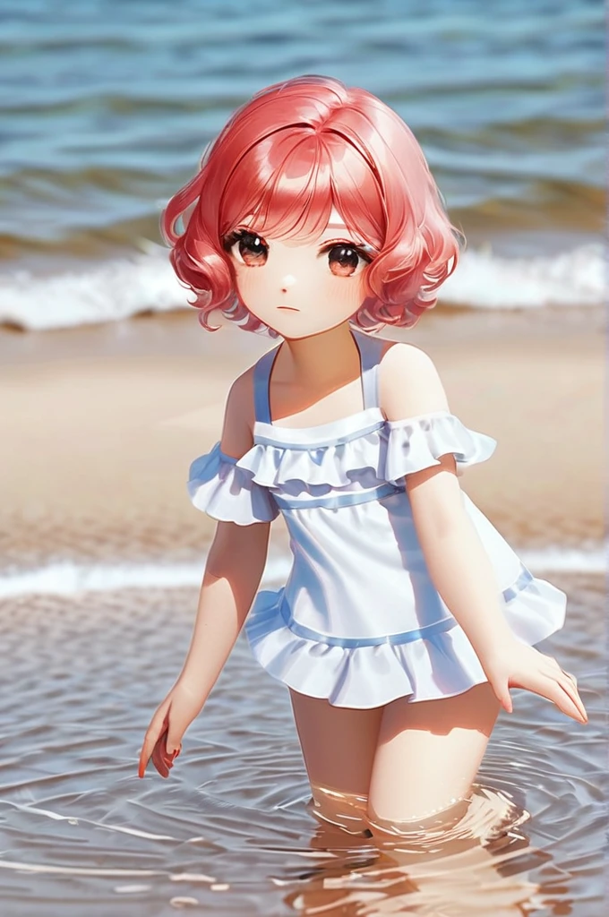 ((Лучшее качество)), ((шедевр)), (подробный), , a girl, small, short, red hair, without a swimsuit, on the beach.