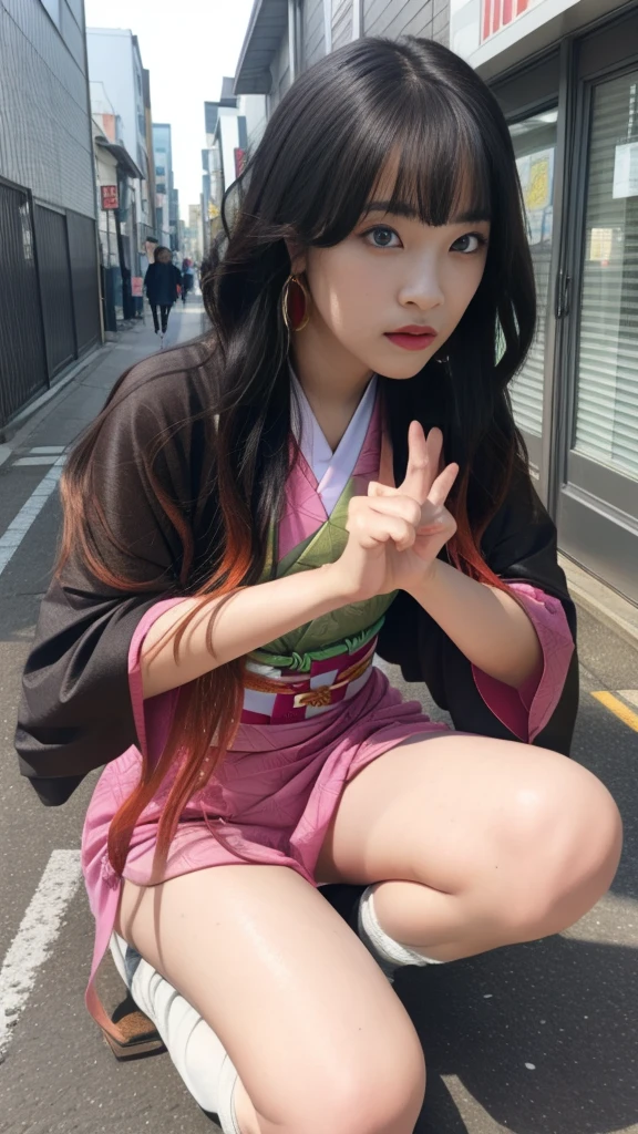 Cute Japanese female, (16 years old), (Very cute face: 1.3), White moist skin, Looking at the camera, Melancholy expression,
BREAK,
Idol,
BREAK,
(Wearing cute kimono: 1.3), (Highly revealing kimono), Very large earrings, Short length,
BREAK,
(Fighting pose: 1.3),
BREAK,
(Long hair), (Pink hair: 1.2), (Wavy hair), (Gradient hair: 1.3), (Red hair at the ends),
BREAK,
(Realistic: 1.3), Masterpiece, Perfect lighting, (Ultra-high resolution), (8K), (Highly detailed: 1.4), (From the front), (Full body: 1.3), (Symmetrical: 1.2),
BREAK,
(Japanese city streets: 1.2),
BREAK,
(Demon Slayer: 1.4),
BREAK,
(Hellfire: 1.2), Demon,