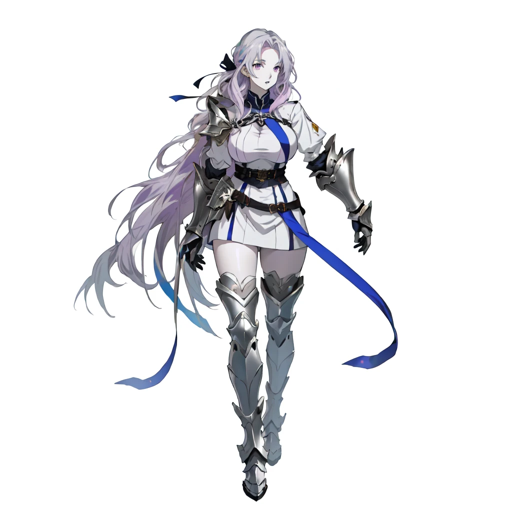 anime girl with long silver hair and armor in her left arm walking, (((silver hair))), mature face, anime character sheet, official character art, cushart krenz key art feminine, ( ( character concept art ) ), purple hairties, purple laces, female anime character, (light purple eyes), ((big breasts)), short white dress, armor in belly, belts, white long socks, fantasy anime character, (((pale skin))), characters from azur lane