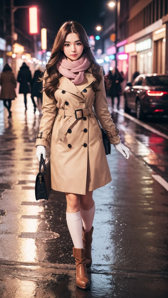 1girl with long brown hair wearing a fully buttoned up and belted buckle beige trench coat with a large pink winter wool scarf and white gloves at the hard rainy night city street full body 8k