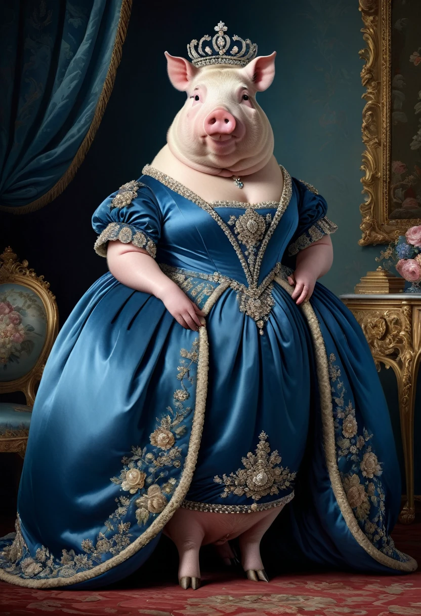 photorealistic portrait of Dressed animals - a ((fat)) (pig) princess, (full body image:1.5),(elegant pose:1.5) Wearing luxury sack-back gown,(wearing luxury tiara),(hands on hips:1.5), Old-fashioned luxury loyal blue dress, detailed and opulent description of a loyal aristocratic sack-back gown in Rococo , emphasizing luxurious fabrics, intricate embroidery, and ornate accessories, Rococo style king palace background,(looking at viewer:1.5),score_9, score_8_up, score_7_up, score_6_up, score_5_up, score_4_up,