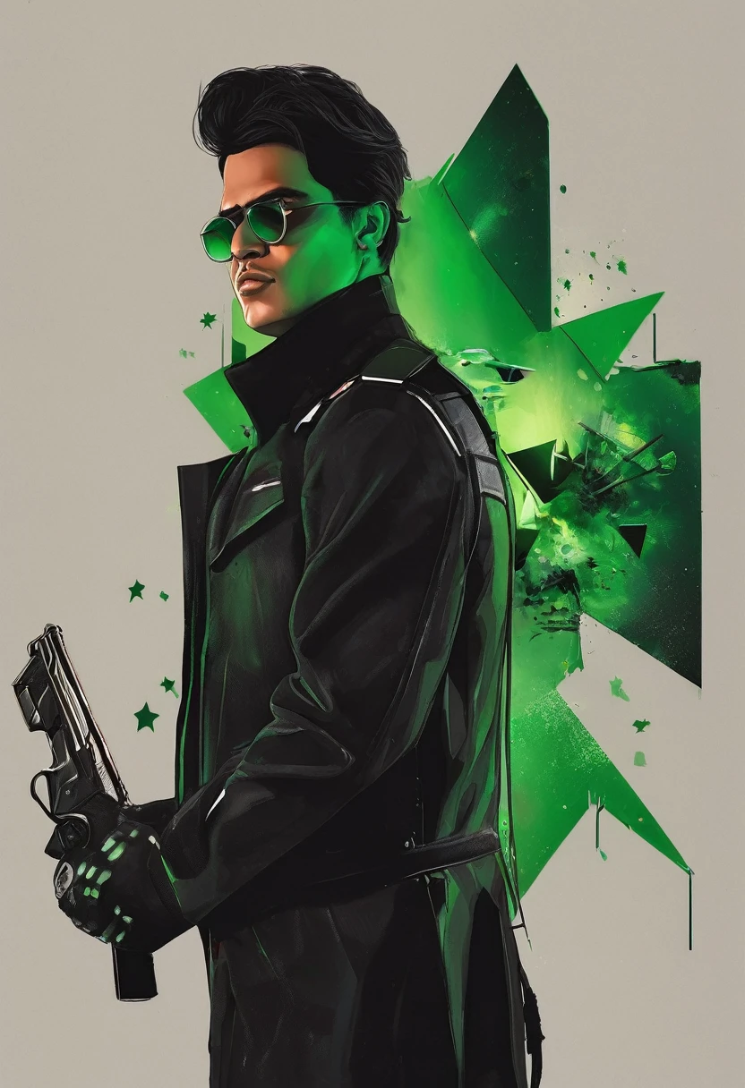 Aarav man in black holding a gun and a green star, It&#39;s still a bad cyborg movie., Johnny Silverhand, Covered entirely with metal armor., Green armor with sharp edges, Wear leather assassin armor., heavy metal armor, spiky green armor, Movies are still super cool cyborgs., Shiny black armor, เกราะfull bodyที่น่าเกรงขาม, wearing black armor, Pretend to stand and prepare to fight., full body