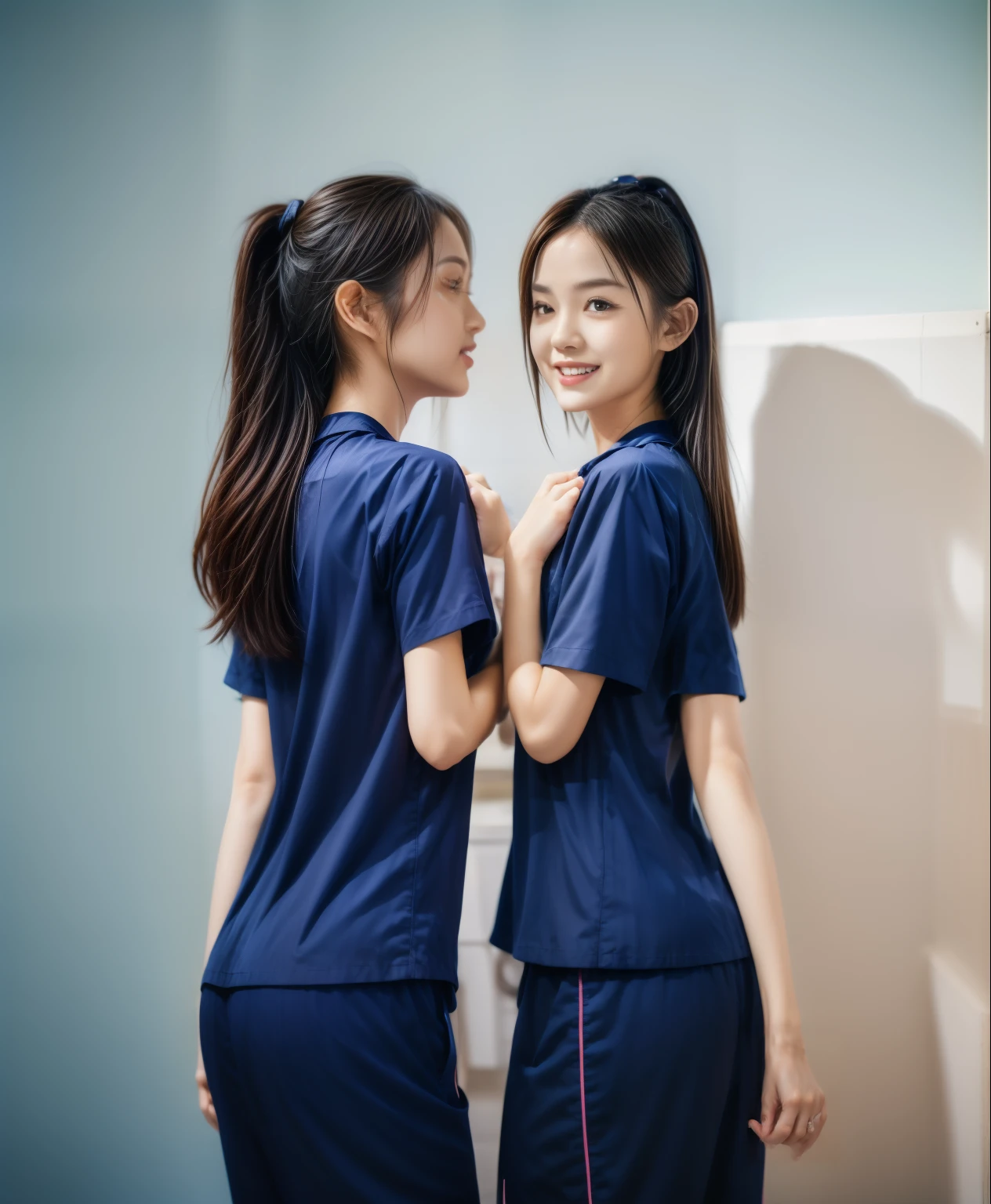 (best quality,10,10,height,Masterpiece:1.2),Special details,(realistic,ภาพrealistic,Realistic photos:1.37),1 Cute girl in the kitchen,shiny, ผิวshiny,only,smile softly,BDclothelue shirt:1.3)),short sleeve,shirt, กางเกงขาlong.,(navy_long_track pants:1.1), ((Kitchen Background)),Dynamic angle,excited,Face focus,dynamic poses,from behind,focus on ass,Masterpiece, best quality, ultra realistic, hyper detail, 8k resolution, raw photos, Sharp focus, ((Navy blue shirt:1.1)), short sleeve, เส้นทางlong, perfect body, 2 mature women, 18 years old, Cinema-grade lighting system,blue sweatpants,shirtผ้าออกกำลังกาย,correct anatomy,perfect body, correct body, Sharp face, correct bodyทางกายวิภาค, full body, realistic gestures, long-haired, realistic poses,Wear long shorts...........................,ช่วงขาlong,Good shape,carved girl, Slender figure, model, Good shape, beautiful body,blue sweatpants, two girls kissing