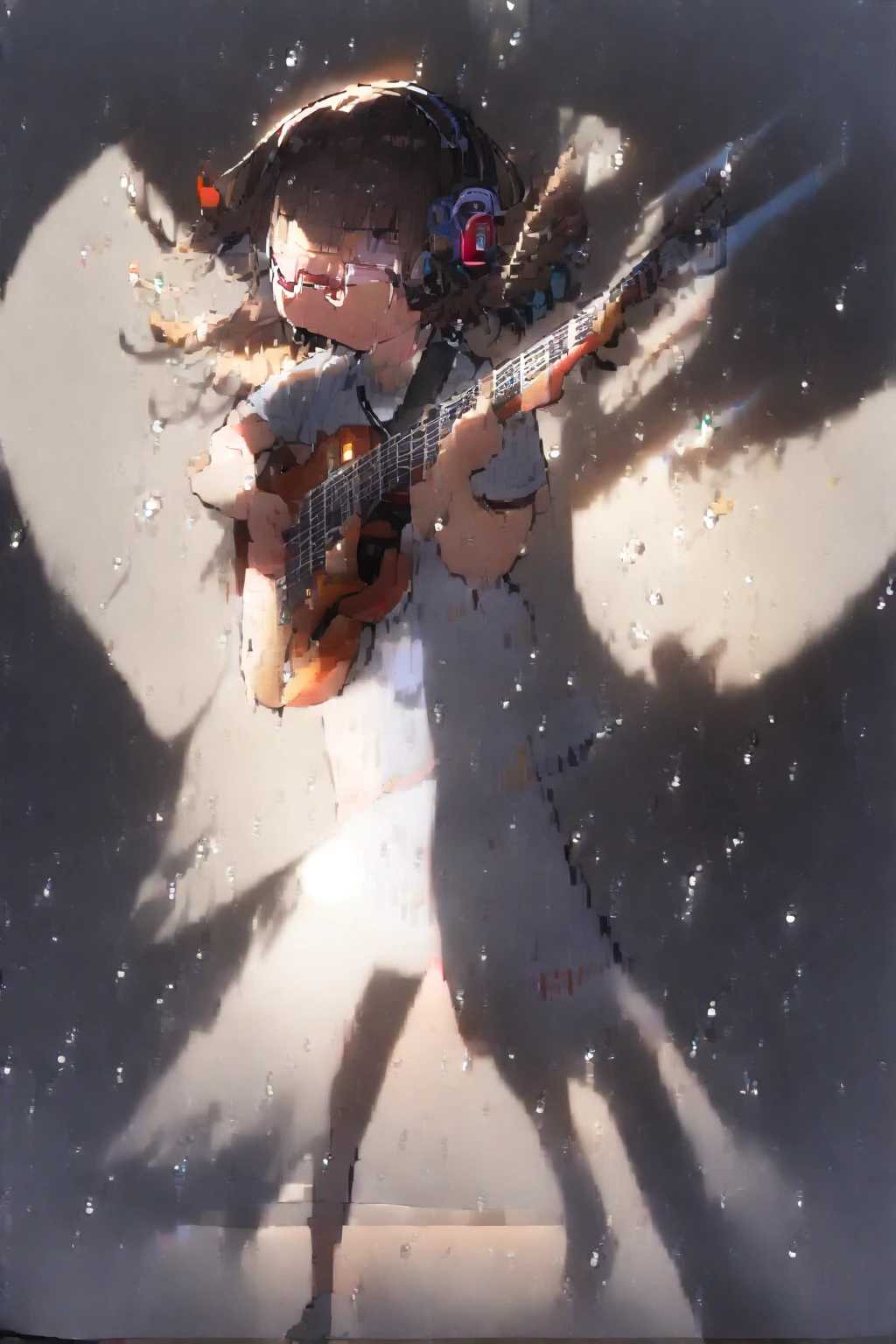 (extremely detailed fine touch:1.3), (((semi-rimless eyewear:1.3))), (headphone:1.2), short hair, blunt bangs, 1 girl, shirt, full body, playing guitar, sing a song, fluttering hair, sweat droplets, spotlight, simple background, 