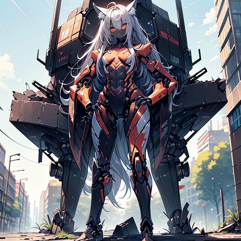 (Fox Girl, Fox Ears, Silver Hair, Fox Makeup, One Girl, Long Hair, Alone on the screen, dark skin, High definition:1.6), (mecha musume, Machinery Parts,Robot Joints, White and red clothes, Full body mechanical suit:1.8), (Body measurements are 75-60-75!, Young girl body, Small breasts, Proudly, Standing posture, slender, muscle:1.9), Avatar, face, 色っぽいface, Dominant representation, naughty face, Uplifting, Skin Texture, outside, ruins, Ruined City, Broken Building, There are no people