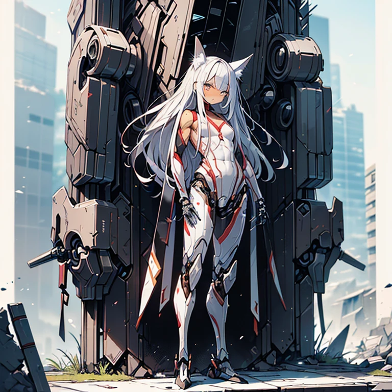 (Fox Girl, Fox Ears, Silver Hair, Fox Makeup, One Girl, Long Hair, Alone on the screen, dark skin, High definition:1.6), (mecha musume, Machinery Parts,Robot Joints, White and red clothes, Full body mechanical suit:1.8), (Body measurements are 75-60-75!, Young girl body, Small breasts, Proudly, Standing posture, slender, muscle:1.9), Avatar, face, 色っぽいface, Dominant representation, naughty face, Uplifting, Skin Texture, outside, ruins, Ruined City, Broken Building, There are no people
