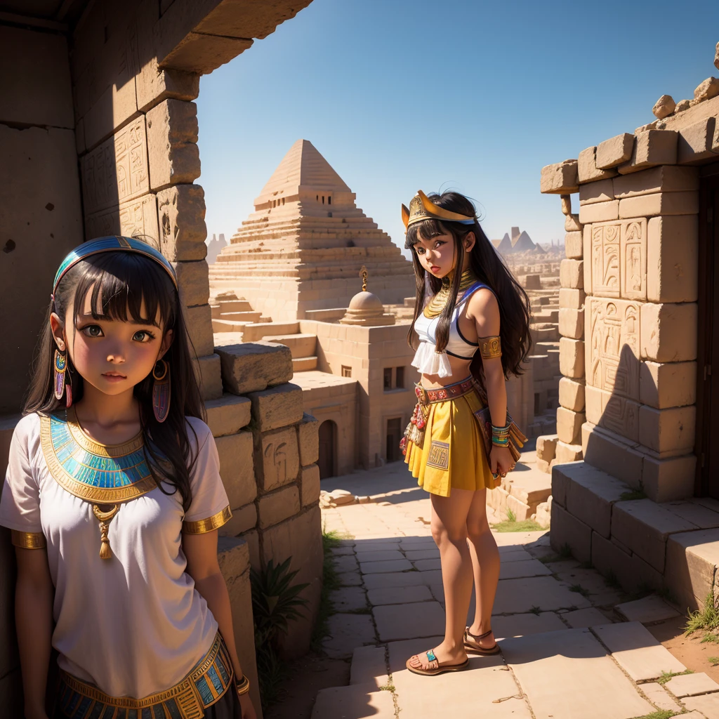 Cute ancient Egyptian 10 year old girl、A hill overlooking the colorful temples of ancient Egypt、A colorful view of the whole city、whole body、Low - Angle、Standing posture