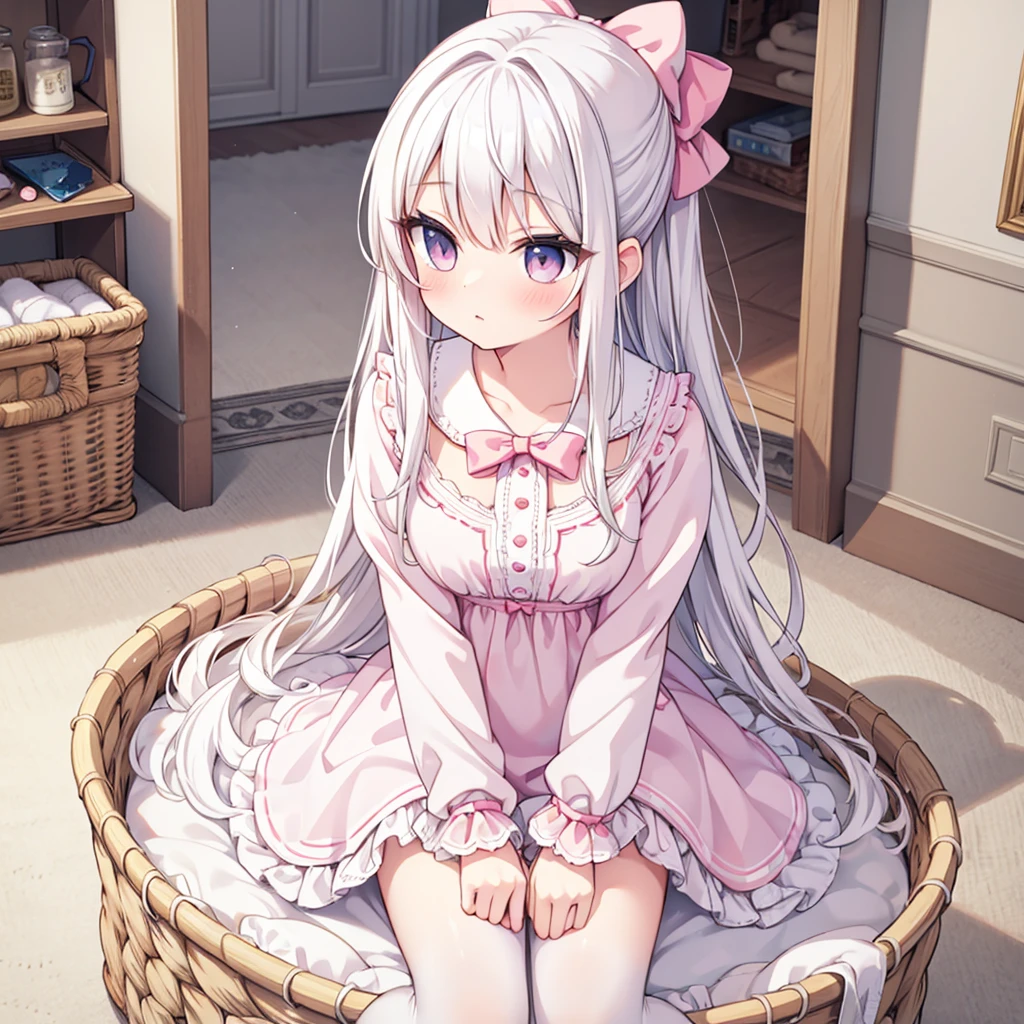 masterpiece, best quality, Very detailed, illustration, Beautiful and delicate eyes, close up, A girl. White hair, Pink bow, White pajamas. Crouching on the floor, searching through the clothes basket