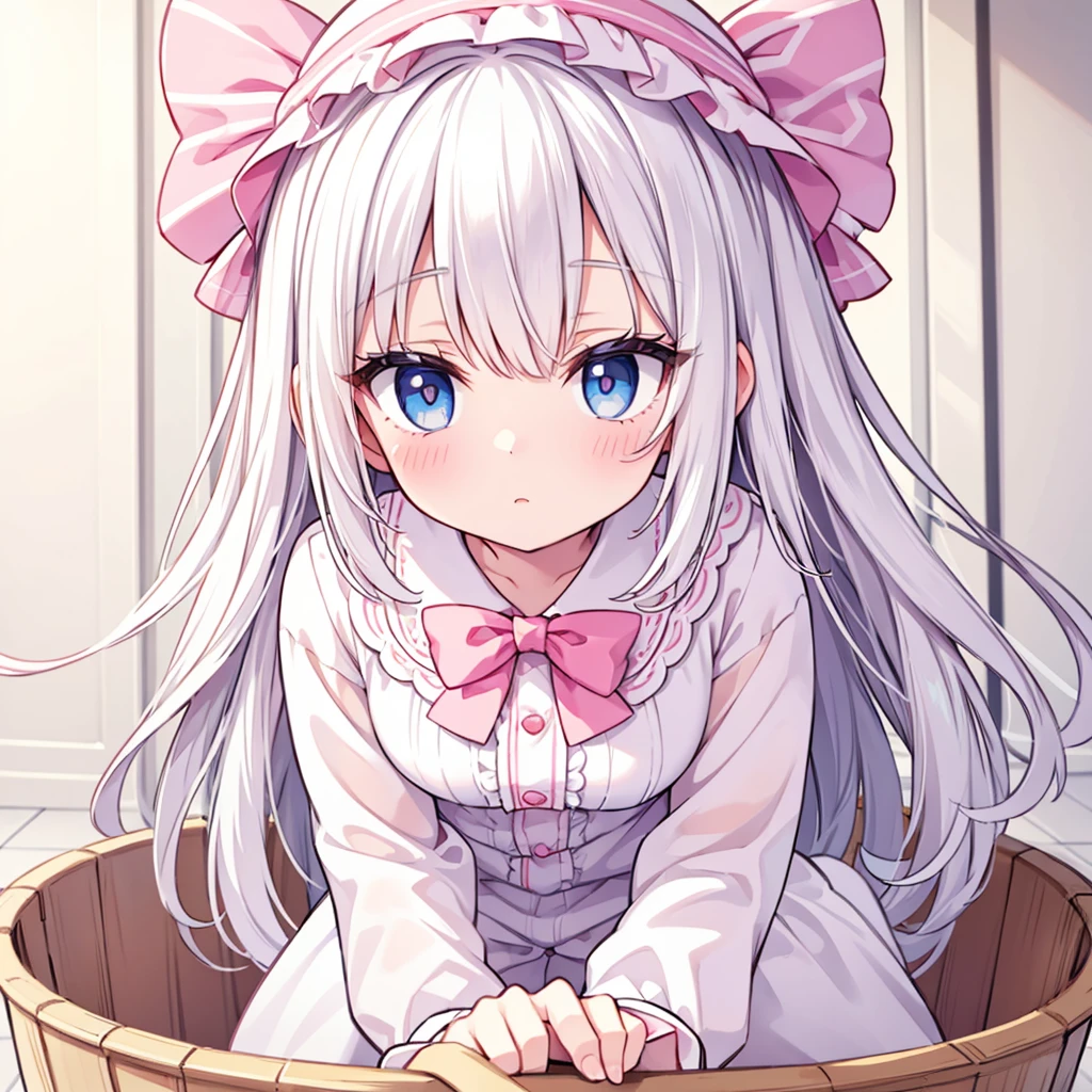 masterpiece, best quality, Very detailed, illustration, Beautiful and delicate eyes, close up, A girl. White hair, Pink bow, White pajamas. Crouching on the floor, searching through the clothes basket