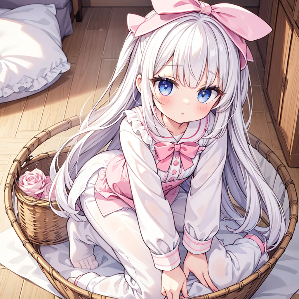 masterpiece, best quality, Very detailed, illustration, Beautiful and delicate eyes, close up, A girl. White hair, Pink bow, White pajamas. Crouching on the floor, searching through the clothes basket