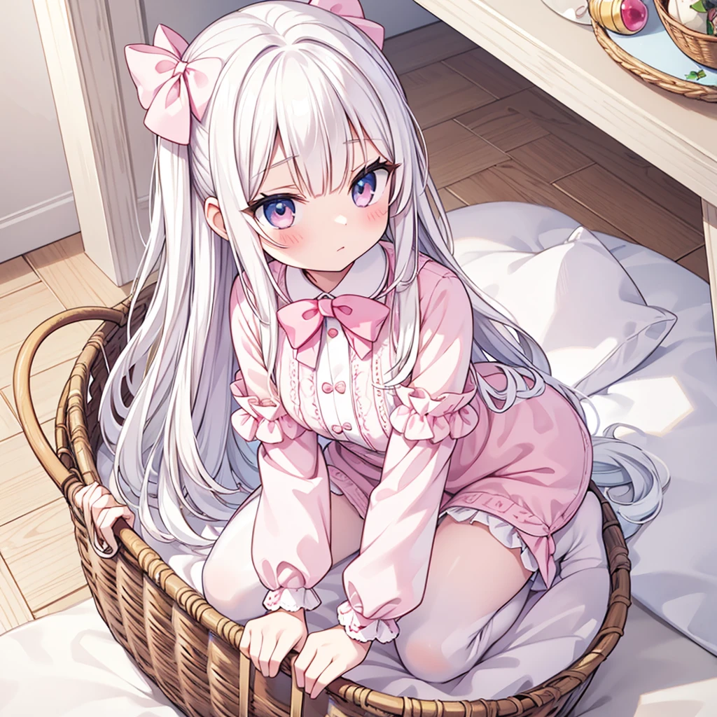 masterpiece, best quality, Very detailed, illustration, Beautiful and delicate eyes, close up, A girl. White hair, Pink bow, White pajamas. Crouching on the floor, searching through the clothes basket