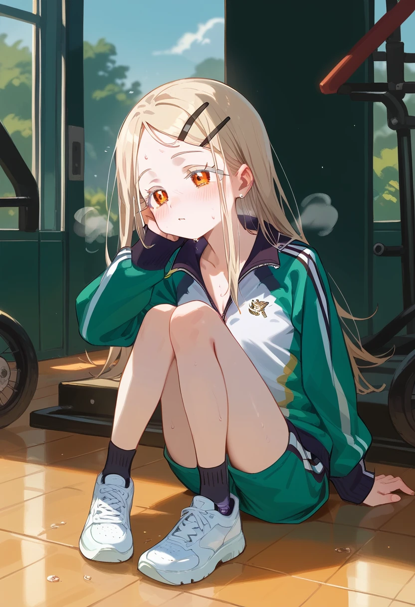 best quality, masterpiece, uncensored, BEARK, hiro-gym,shinosawa hiro,slender,orange eyes,white eyelashes,blonde hair,long hair,hairclip,track jacket,green shorts,white sneakers, sweat on head, heavy breathing, head focus, transparent sneakers, open shirt,