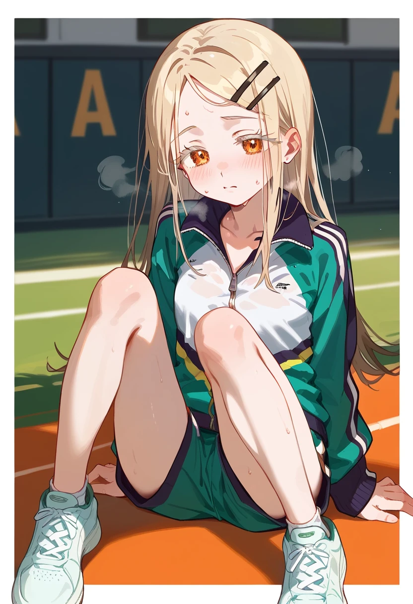 best quality, masterpiece, uncensored, BEARK, hiro-gym,shinosawa hiro,slender,orange eyes,white eyelashes,blonde hair,long hair,hairclip,track jacket,green shorts,white sneakers, sweat on head, heavy breathing, head focus, transparent sneakers, open shirt,