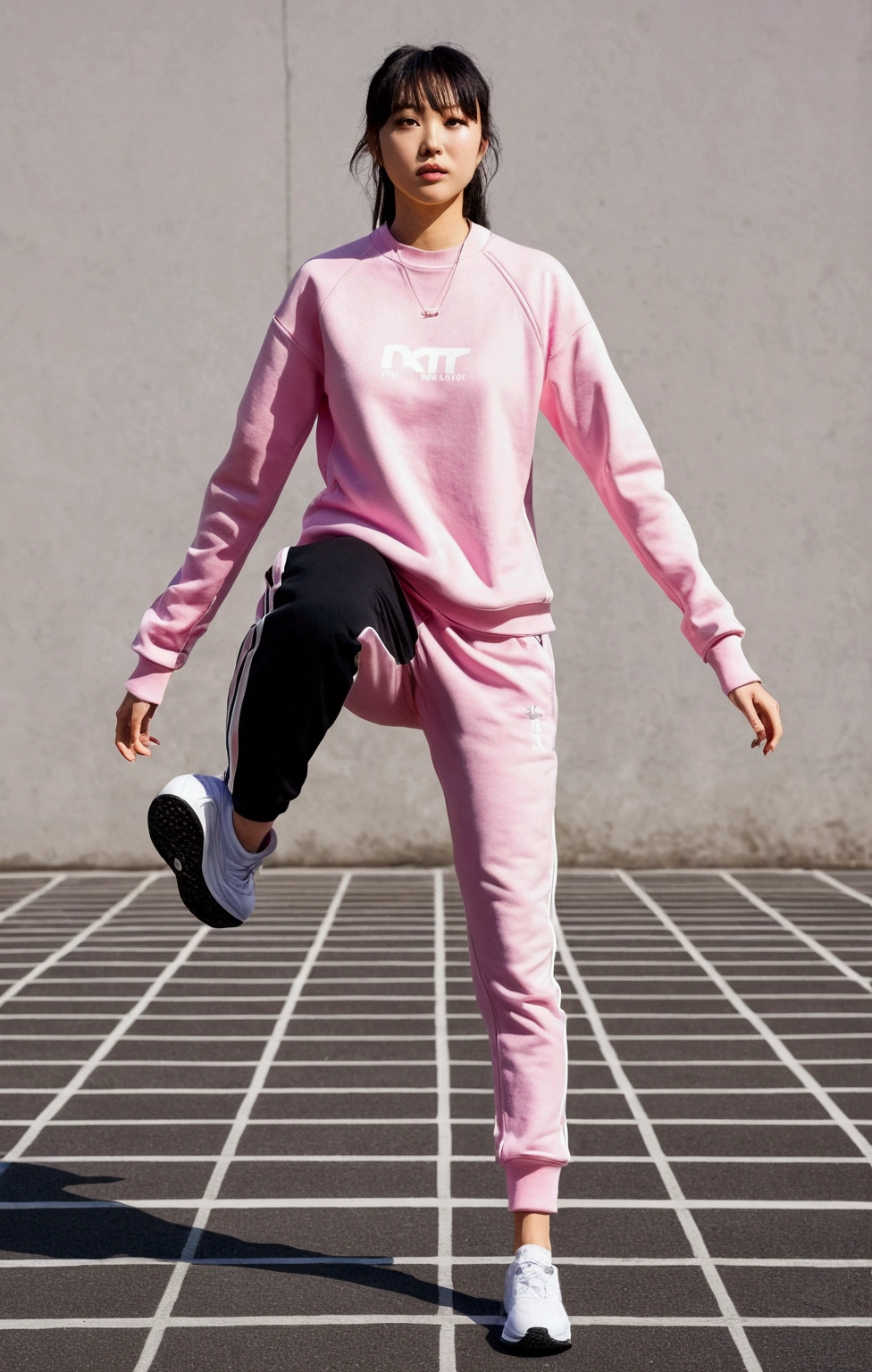 A woman wearing a pink sweatshirt and black pants is walking down the street, mid shot Portraiture, Wear athletics clothing, Japanese Streetwear, Chiho, wearing a tracksuit, full body!!, Complex!!, 🚿🗝📝, She wears streetwear, Cute Sportswear, full_body!!, tsubasa nakai's style, Portraiture!!, Vibrant colors!!