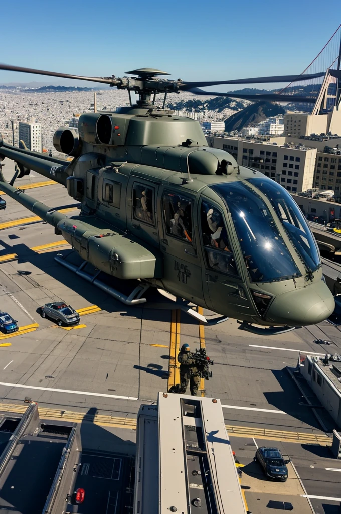 Military technology helicopter with machine guns ((detailed)), watching from the heights of the San Francisco bridge,chaos 