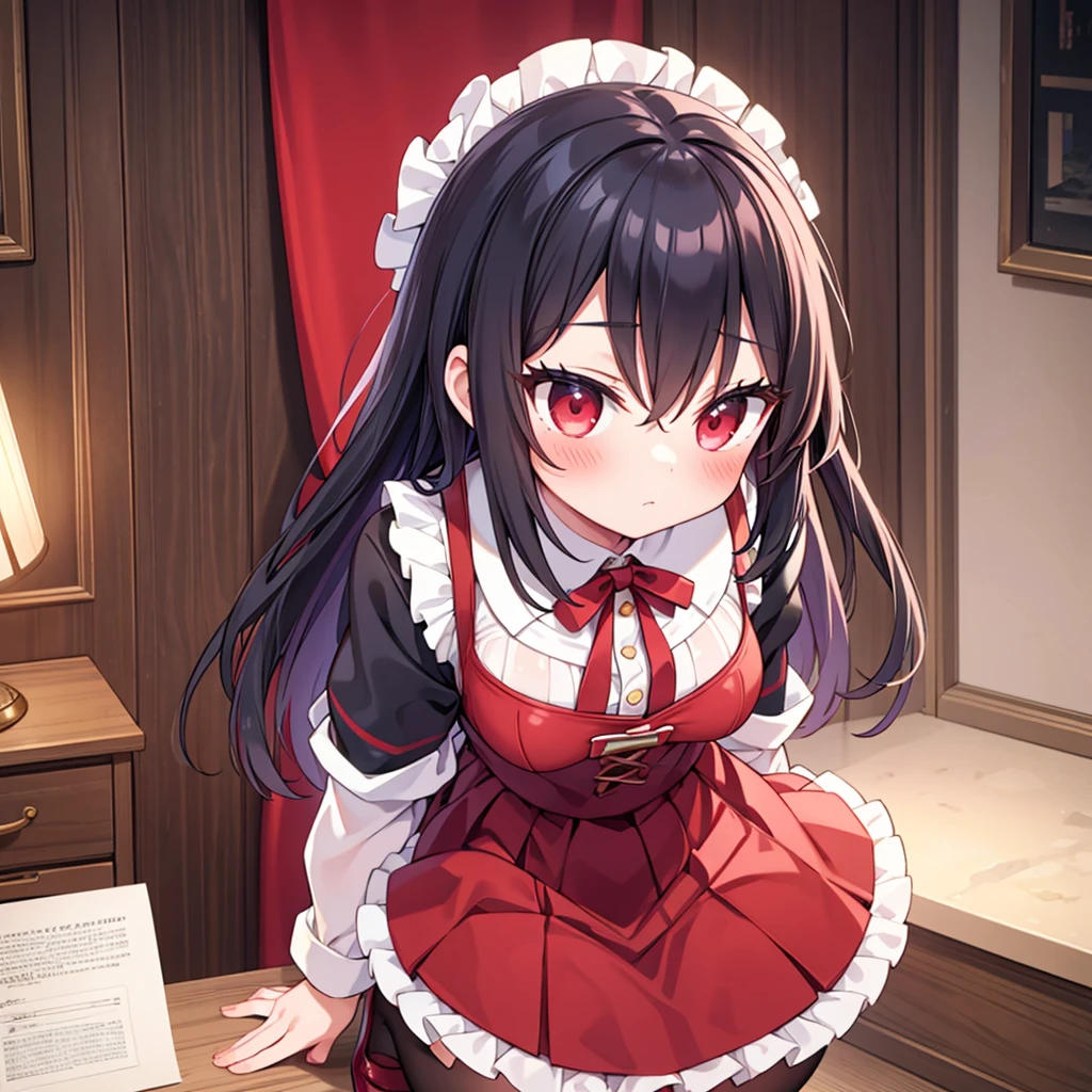 beautiful, masterpiece, best quality, Extremely detailed face,  Perfect lighting, 1 Girl, Solitary,  Ryuko Maai b, Immortal Decision, Suspender Skirt, Squat,blush,  Cowboy shooting