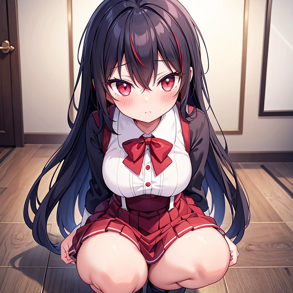 beautiful, masterpiece, best quality, Extremely detailed face, Perfect lighting, 1 Girl, Solitary, Ryuko Maai b, Immortal Decision, Suspender Skirt, Squat,blush, Cowboy shooting