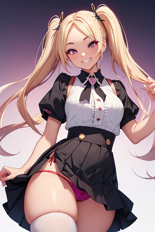 Realistic、masterpiece, 1house wife、blonde hair、twin tail, red eyes, (eye focus:1.3,face focus),(Gradient eyes:1.3),(sexy panties)、open mouth,(grin:1.3),forehead,cute face、((Thick thighs、Beautiful thighs)), A condescending gaze on the viewer,((Raise your arms, Expose your armpits)), Wrestler