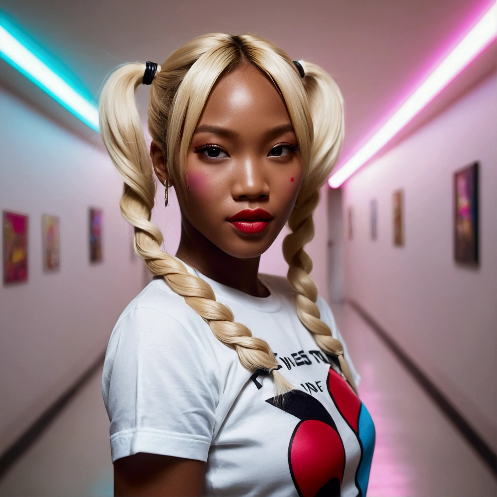 Korean woman with blond hair poses for a photo, HD live wallpaper, Naomi Campbell, like Artgerm, super cute funky black girl, she is about 1-6 , from Harley Quinn, gamer theme, wears open white shirt in front, in a neon-lit hallway, screenshot, beautiful face, long pigtail