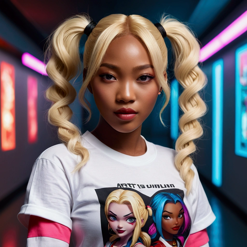 Korean woman with blond hair poses for a photo, HD live wallpaper, Naomi Campbell, like Artgerm, super cute funky black girl, she is about 1-6 years old, from Harley Quinn, gamer theme, wears open white shirt in front, in a neon-lit hallway, screenshot, beautiful face, long pigtail