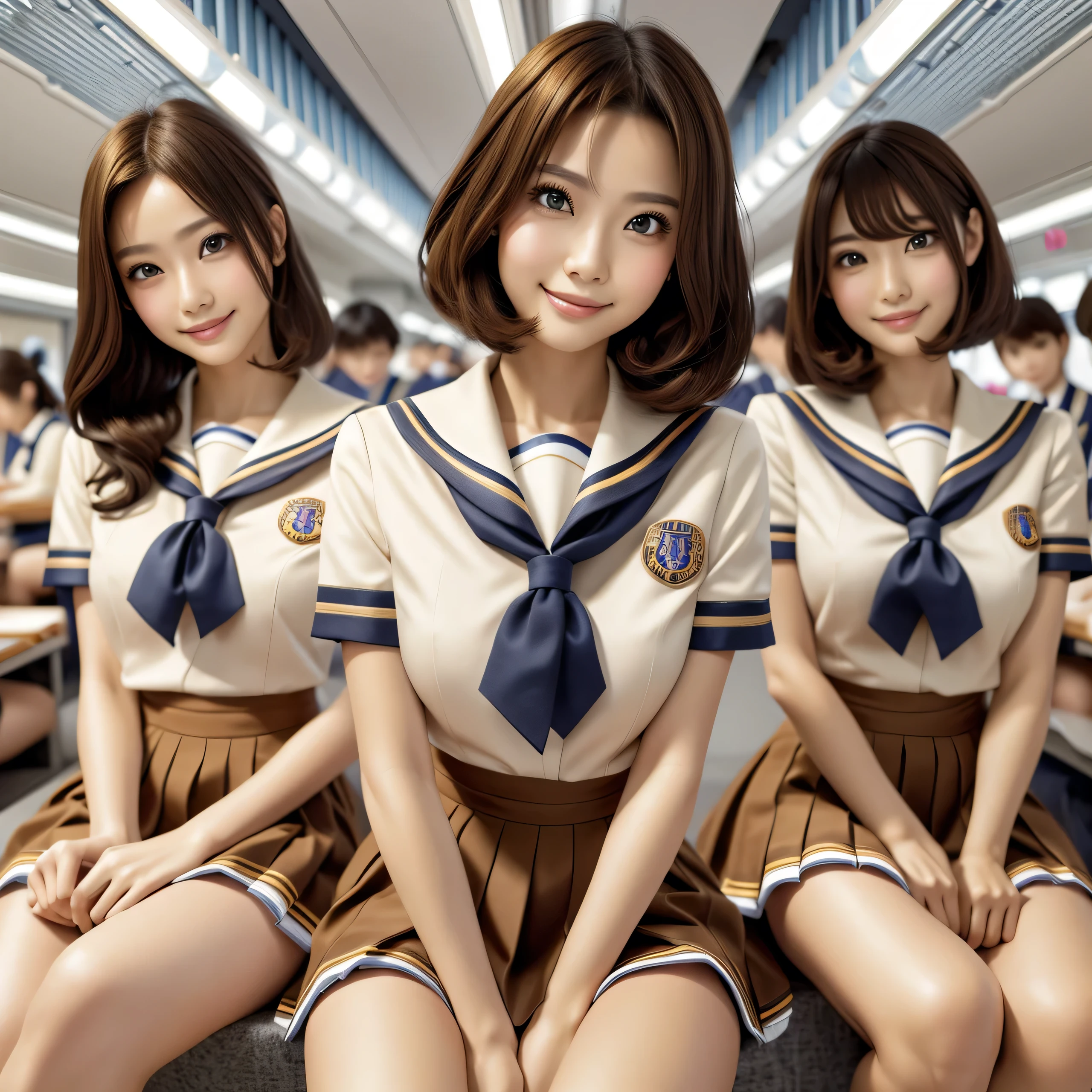 (best quality, masterpiece:1.5), (ultra-detailed, realistic:1.37),4K,(3woman:1.5),japanese,cute,beautiful,(school uniform:1.2),(miniskirt),high socks,(smile),sitting,(gold curly hair:1.2)