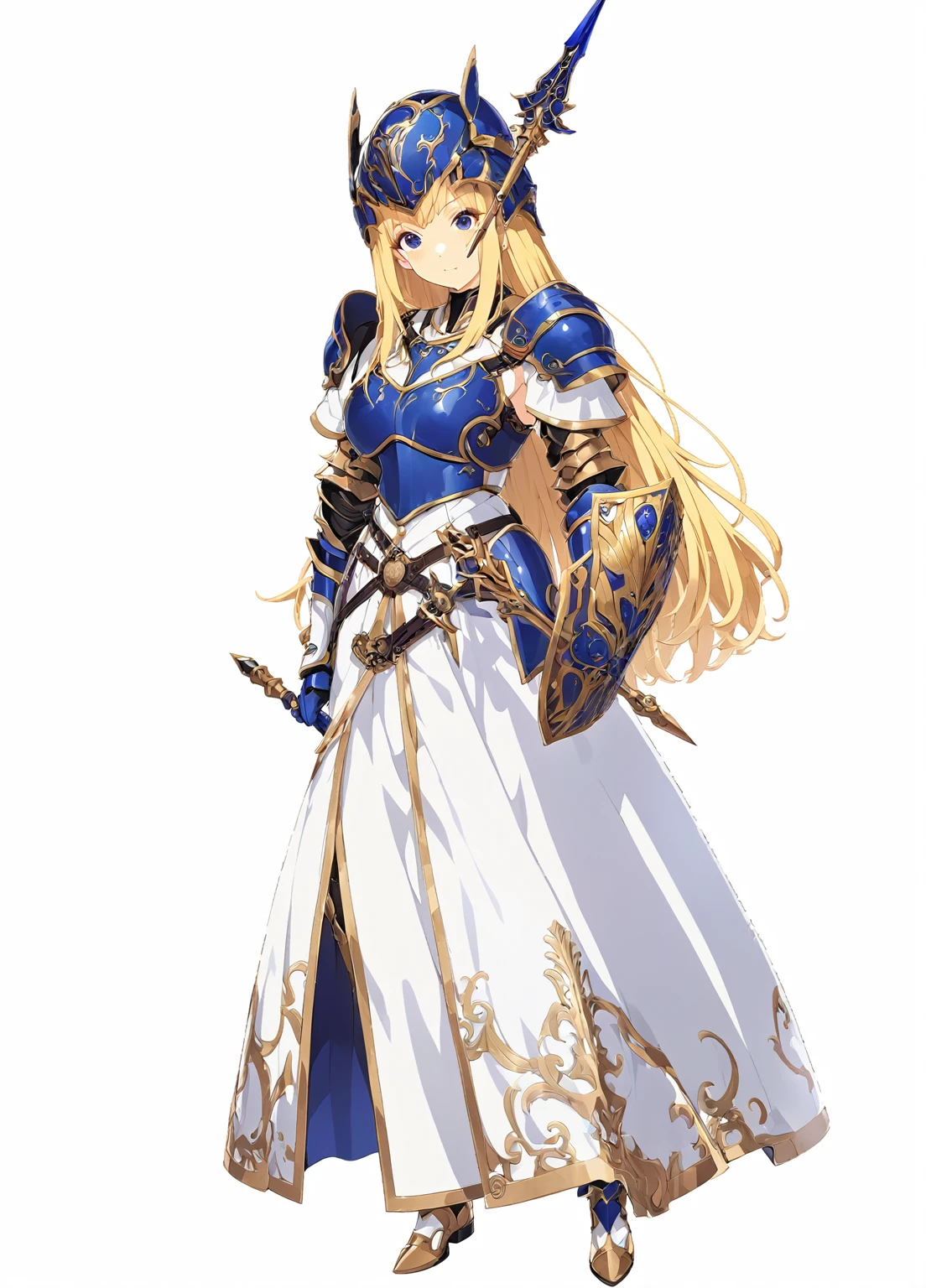 high quality, high resolution, high qualityのゲームアートスタイル, whole body,valkyrie,perfect hand,Official Art, Smooth game CG art, Visual Novel Sprites, White background,Smooth game CG art, (((Woman holding a long spear))),Woman wearing a white dress and blue armor, An intricately designed helmet with white feathers,Small shield, (((In his right hand he holds an elaborate long spear))),Exquisite Blue Armor,Golden Hair, long hair, female knight, Rin々Shii,Large Bust,20-year-old,