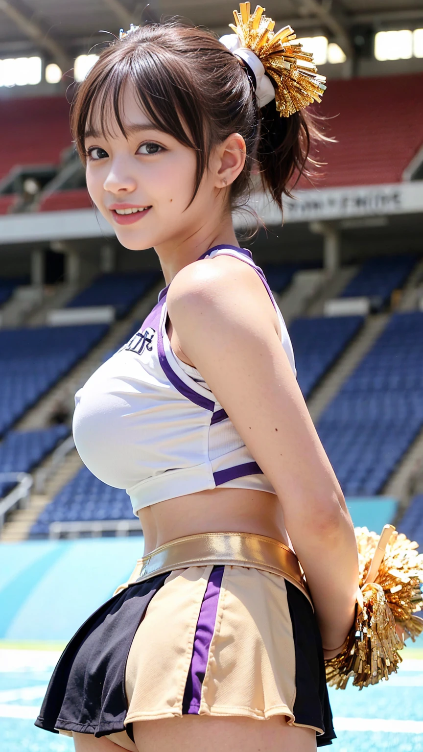 ((metallic Cheerleaders:1.5)), (Mainly black, white and purple. Tight one-shoulder tops:1.3), (Black, purple tight skirt:1.3), (latex:1.2), sun, (toyota stadium:1.4), (from behind:1.5), (dynamic pose:1.3), (cowboy shot:1.3), clear sky, 1girl, (huge breasts:1.6), (light brown short hair:1.6), (pixie cut:1.6), (bangs:1.3), (abs:0.5), (narrow waist:1.8), (skinny:1.5), (collabones:1), (wide forehead:1.3), (fair skin:1.5), (transparent skin:1.5), (towering:1.2), (smile:1.5), (embarrasshed:1.4), (shy:1.5), (open mouth:1.5),  (18 years old:1.5), (8k, RAW photo:1.2),detailed face and eyes,best quality,highly detailed ,intricate detail ,masterpiece ,cute girl ,intricate detail, hyperdetail,sharp focus