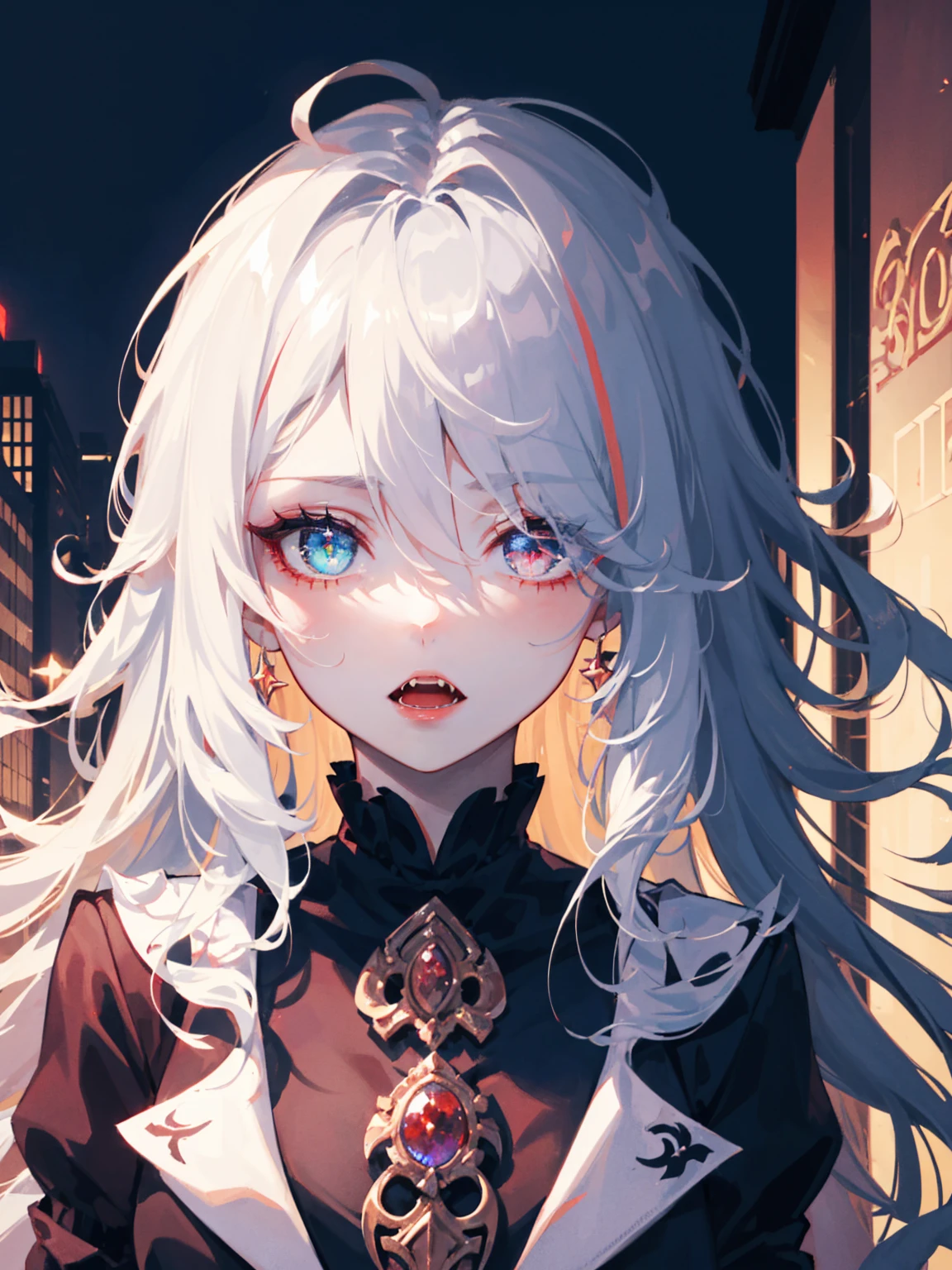 masterpiece, highest quality, (solo focus), (perfect face:1.1), (high detail:1.1),dramatic, 1girl, (pale skin), long white hair, white eyes, solo, long hair, moon, night, white luxury suit, vampire, fangs, open mouth, pouty lips, covered, victorian city, detailed background, gothic renaissance, cinematic lighting, detailed iris, sparkle eyes, star in eyes, enchanting red eyes, (multicolored eyes), (shining dust), (heterochromia), (messy hair:1.3), (hair between eyes), (hair over one eye), (wavy hair:1.1)