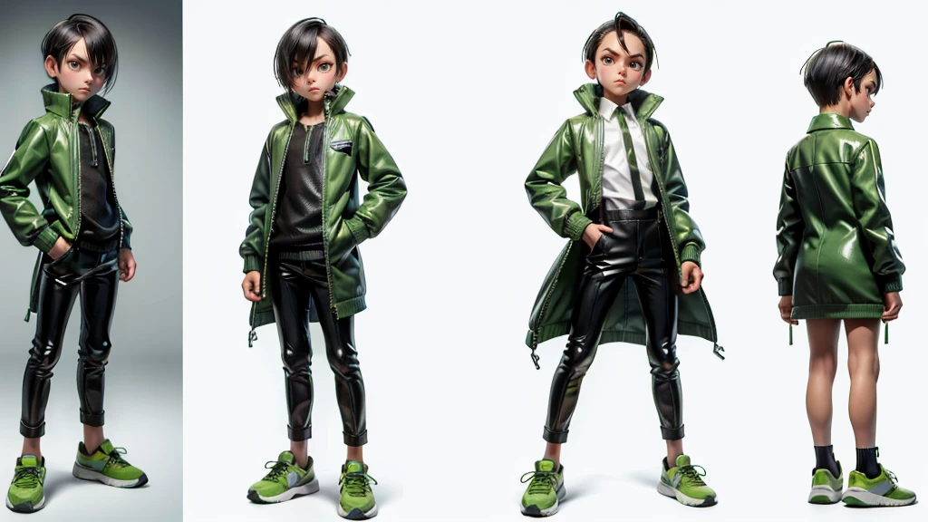 cute face boy, cute face, short height boy, wearing casual futuristic green color pent, green dress, full standing pose, Comb Over hairs, Comb Over hair style, sports shoes, Character Sheet, 12 yo student, Full body, Simple white background, front straight pose character reference sheet, Concept art, design sheet