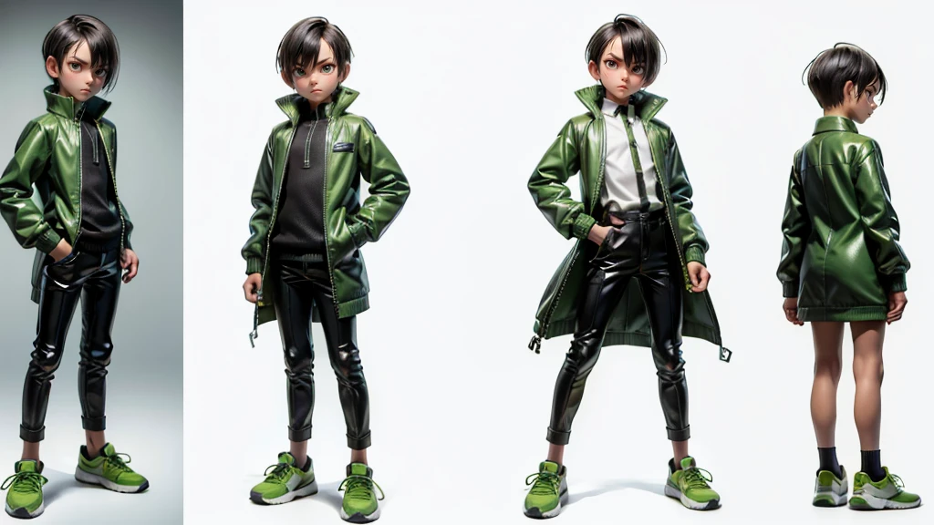 cute face boy, cute face, short height boy, wearing casual futuristic green color pent, green dress, full standing pose, Comb Over hairs, Comb Over hair style, sports shoes, Character Sheet, 12 yo student, Full body, Simple white background, front straight pose character reference sheet, Concept art, design sheet